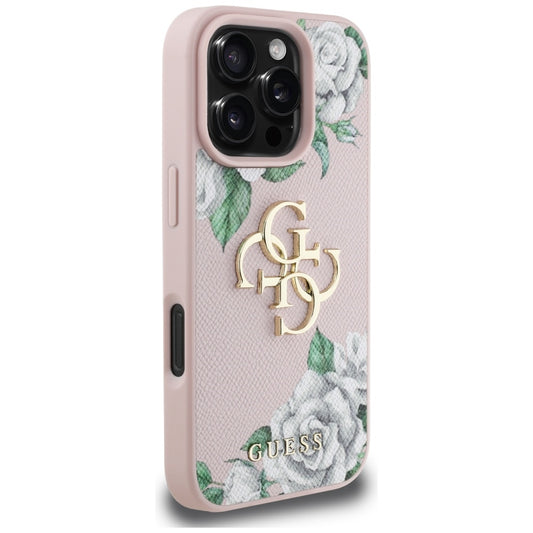 Suojakotelo Apple iPhone 16 Pro Max, Guess, 4G Grained Roses Big Logo, Pinkki