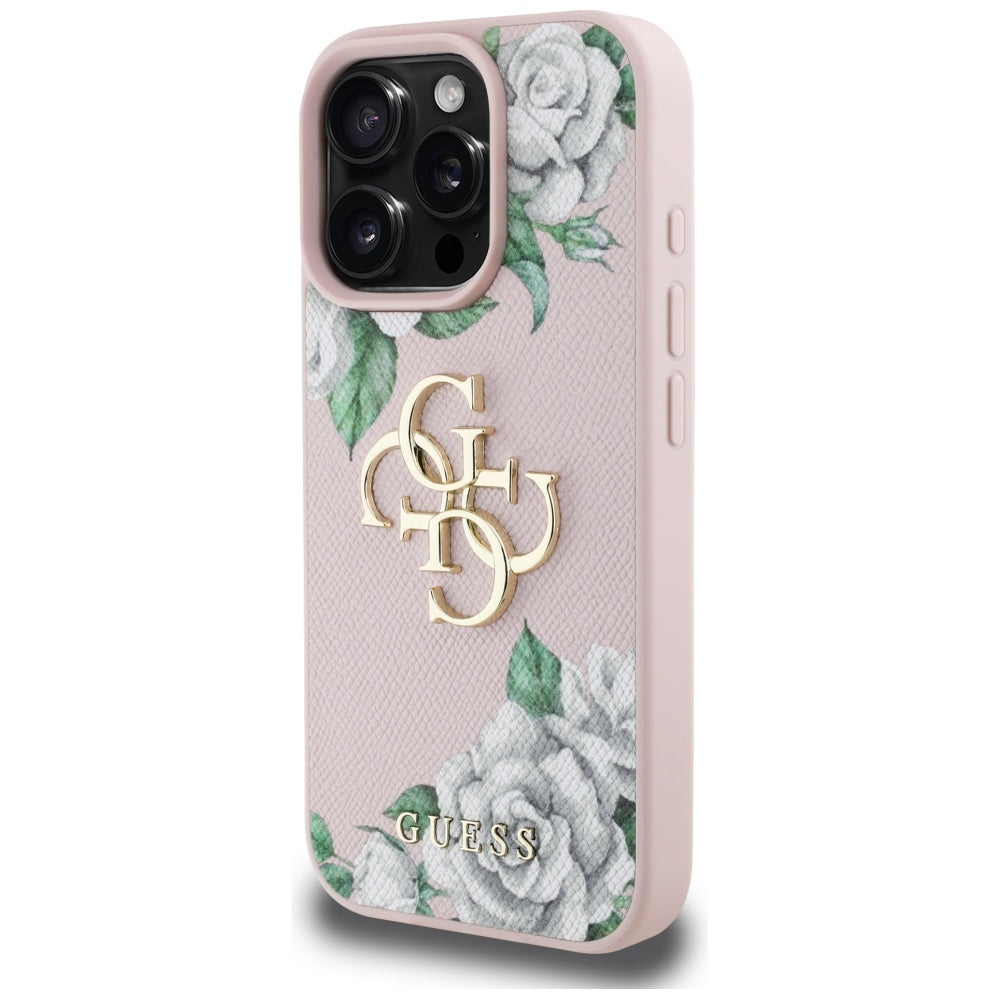 Suojakotelo Apple iPhone 16 Pro Max, Guess, 4G Grained Roses Big Logo, Pinkki
