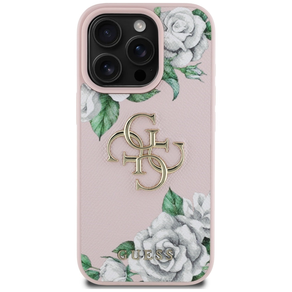 Suojakotelo Apple iPhone 16 Pro Max, Guess, 4G Grained Roses Big Logo, Pinkki