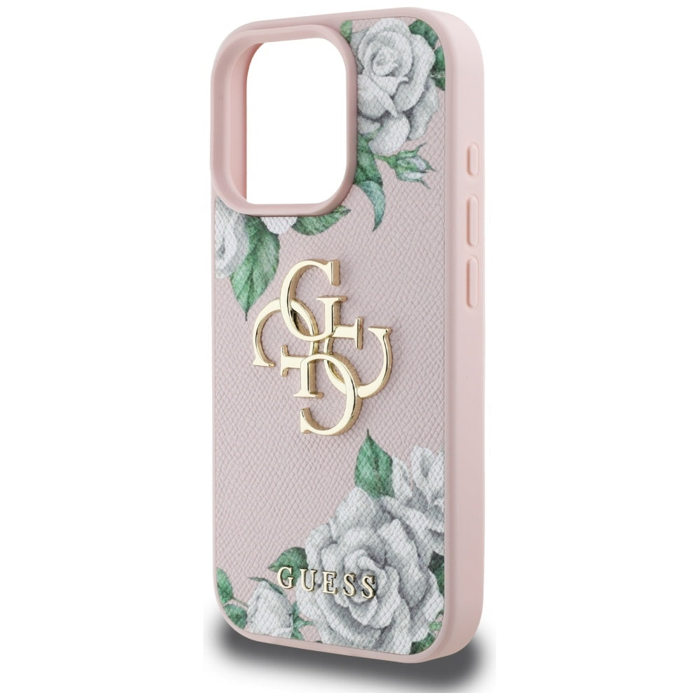 Suojakotelo Apple iPhone 16 Pro Max, Guess, 4G Grained Roses Big Logo, Pinkki