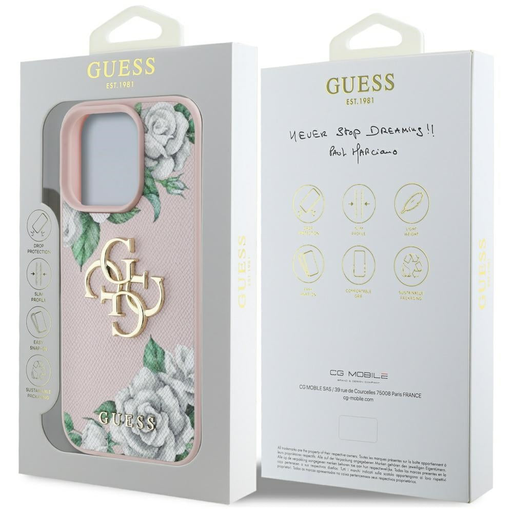 Suojakotelo Apple iPhone 16 Pro Max, Guess, 4G Grained Roses Big Logo, Pinkki