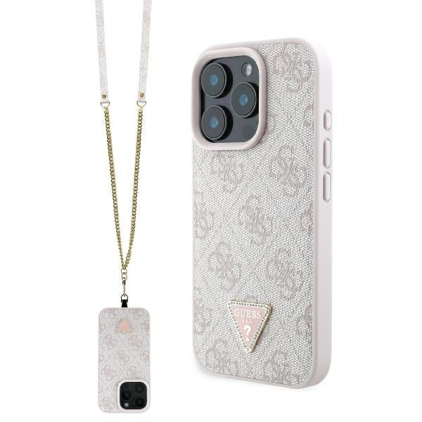 Kotelo Apple iPhone 16 Pro Maxille, Guess, Crossbody 4G Triangle Strass, Pinkki