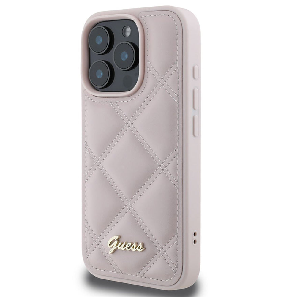 Kotelo Apple iPhone 16 Pro Maxille, Guess, Quilted Metal Logo, Pinkki