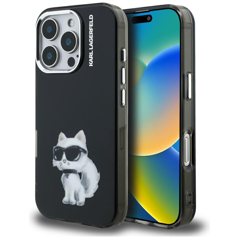 Kotelo Apple iPhone 16 Pro Max:lle, Karl Lagerfeld, IML Aquarelle Logo Choupette, Musta