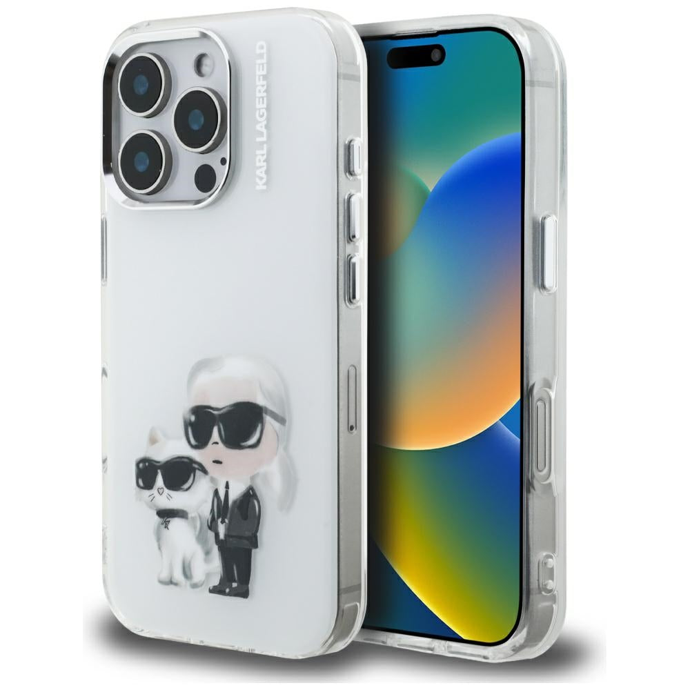 Kotelo Apple iPhone 16 Pro Max:lle, Karl Lagerfeld, IML Aquarelle Logo Karl & Choupette, Valkoinen