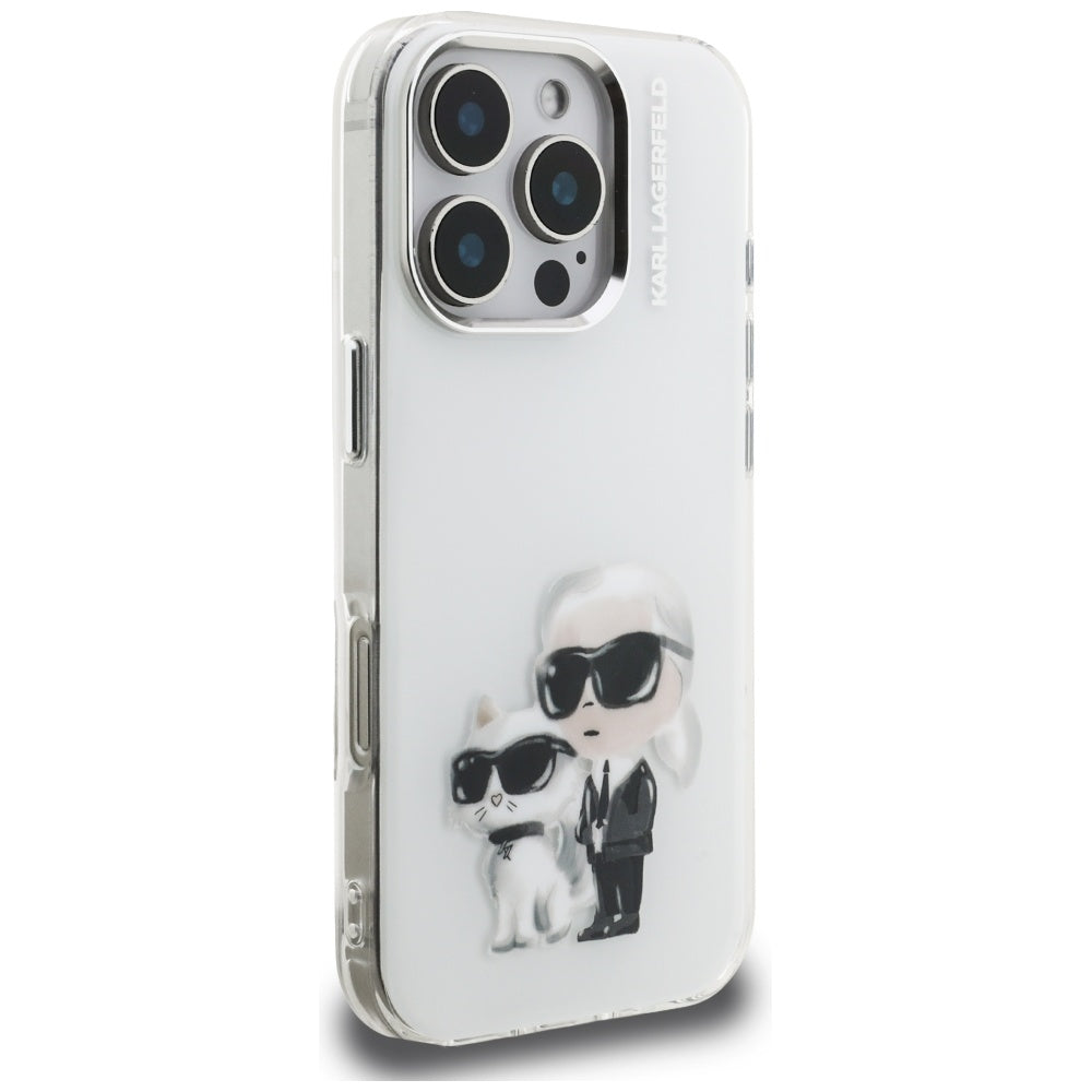 Kotelo Apple iPhone 16 Pro Max:lle, Karl Lagerfeld, IML Aquarelle Logo Karl & Choupette, Valkoinen