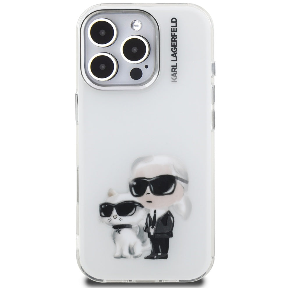 Kotelo Apple iPhone 16 Pro Max:lle, Karl Lagerfeld, IML Aquarelle Logo Karl & Choupette, Valkoinen