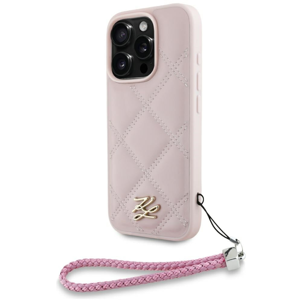 Kotelo Apple iPhone 16 Pro Max:lle, Karl Lagerfeld, Tikkattu Alkukirjainlogo & Ketjuhihna, Vaaleanpunainen