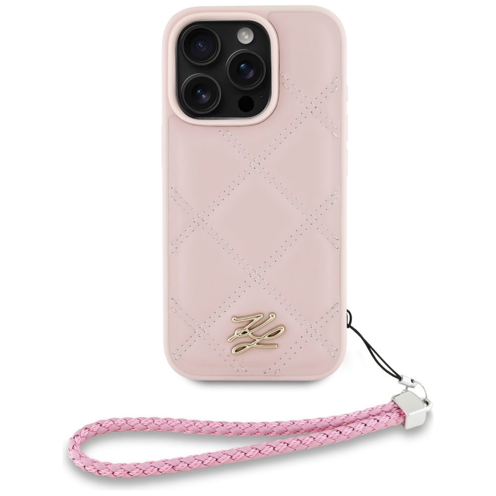 Kotelo Apple iPhone 16 Pro Max:lle, Karl Lagerfeld, Tikkattu Alkukirjainlogo & Ketjuhihna, Vaaleanpunainen