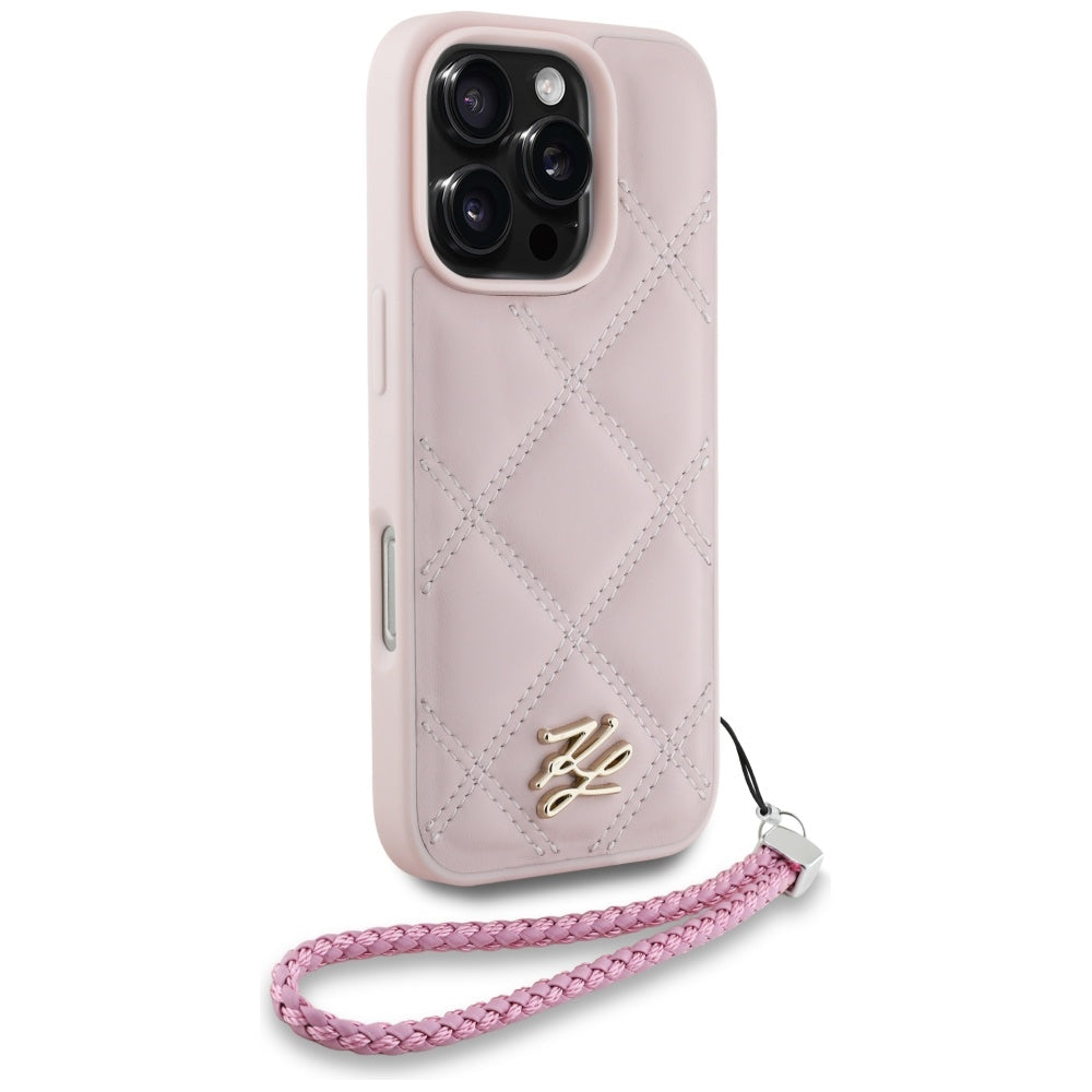 Kotelo Apple iPhone 16 Pro Max:lle, Karl Lagerfeld, Tikkattu Alkukirjainlogo & Ketjuhihna, Vaaleanpunainen