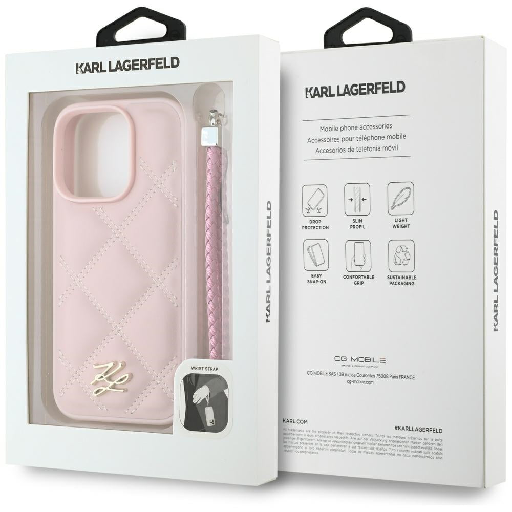 Kotelo Apple iPhone 16 Pro Max:lle, Karl Lagerfeld, Tikkattu Alkukirjainlogo & Ketjuhihna, Vaaleanpunainen