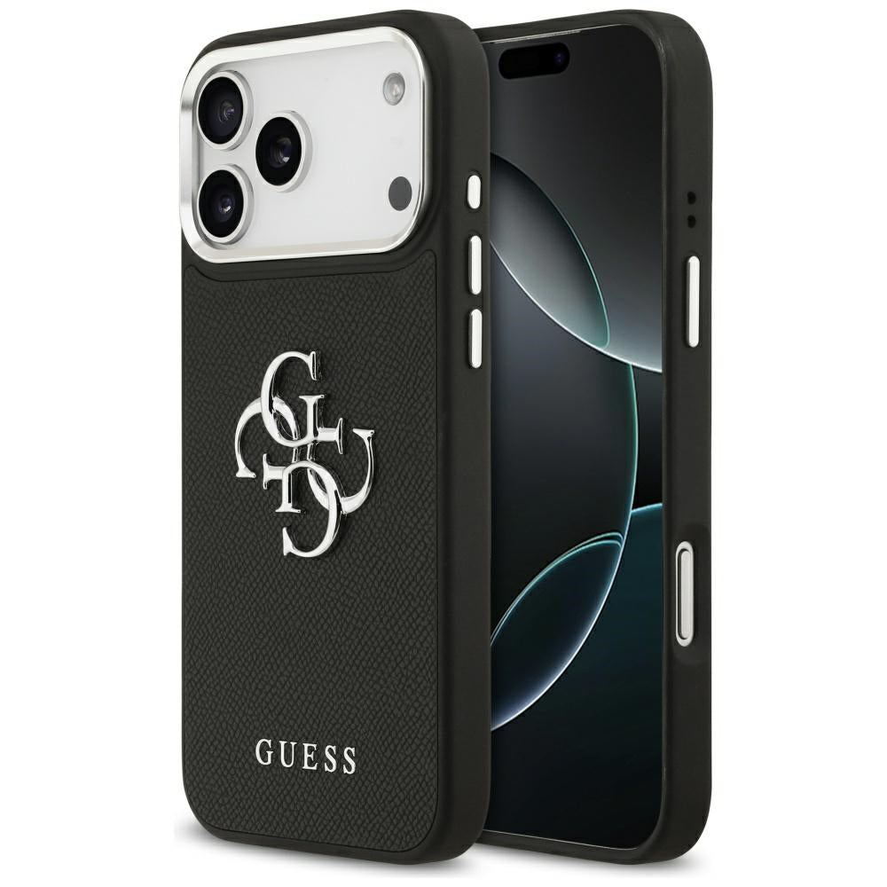 Suojakotelo Apple iPhone 17 Prolle, Guess, 4G Grained Big and Classic Logo, Musta Hopea