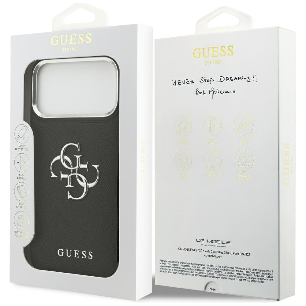 Suojakotelo Apple iPhone 17 Prolle, Guess, 4G Grained Big and Classic Logo, Musta Hopea