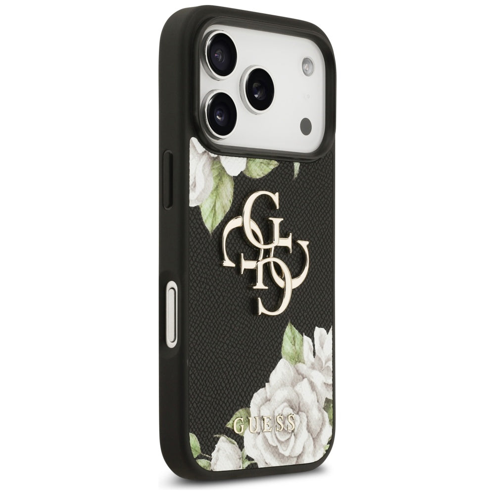 Suojakotelo Apple iPhone 17 Prolle, Guess, 4G Grained Roses Big Logo, Musta