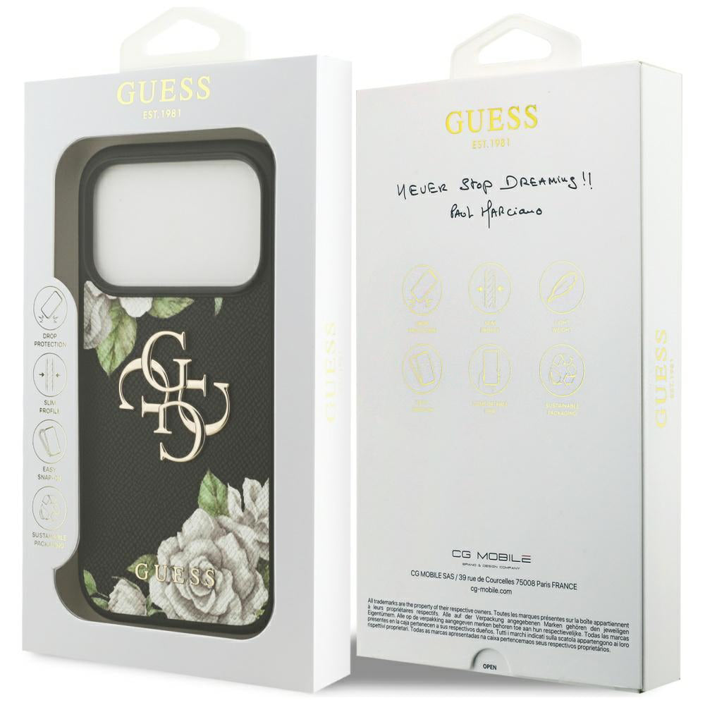 Suojakotelo Apple iPhone 17 Prolle, Guess, 4G Grained Roses Big Logo, Musta