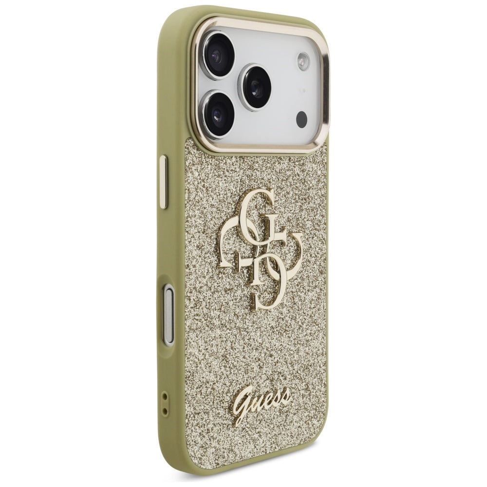 Suojakotelo Apple iPhone 17 Prolle, Guess, Fixed Glitter Big 4G Metal Frame, Kultainen