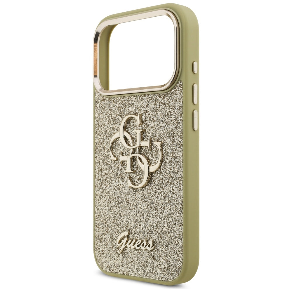 Suojakotelo Apple iPhone 17 Prolle, Guess, Fixed Glitter Big 4G Metal Frame, Kultainen