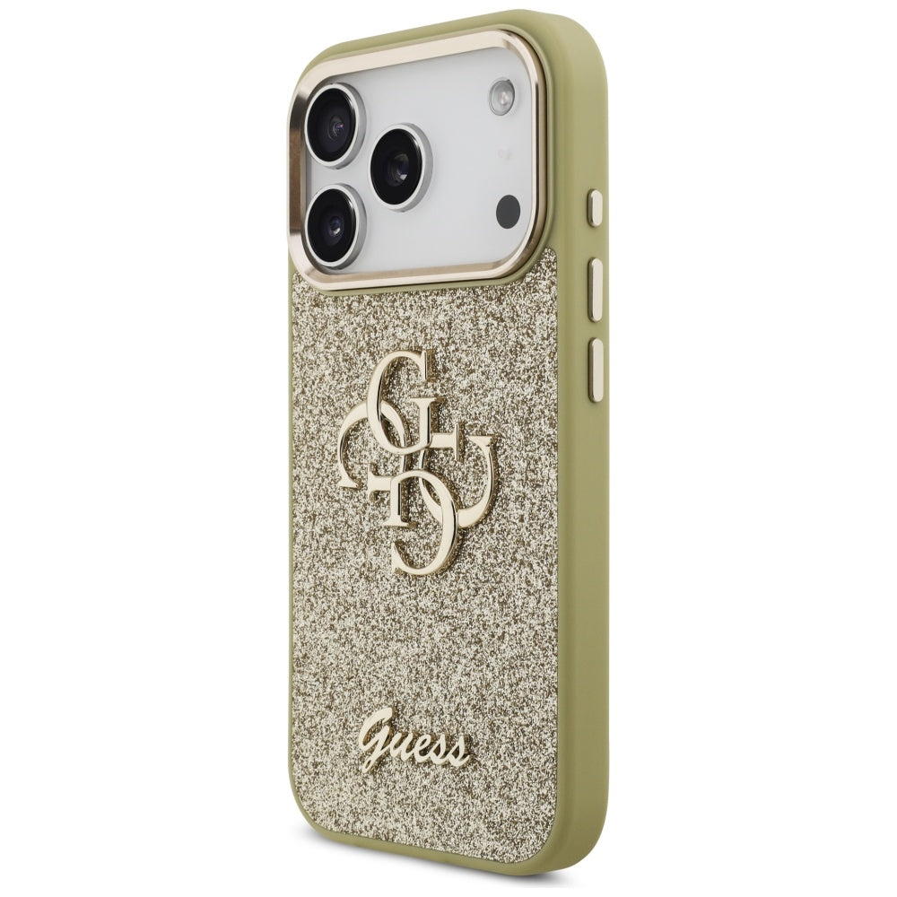 Suojakotelo Apple iPhone 17 Prolle, Guess, Fixed Glitter Big 4G Metal Frame, Kultainen