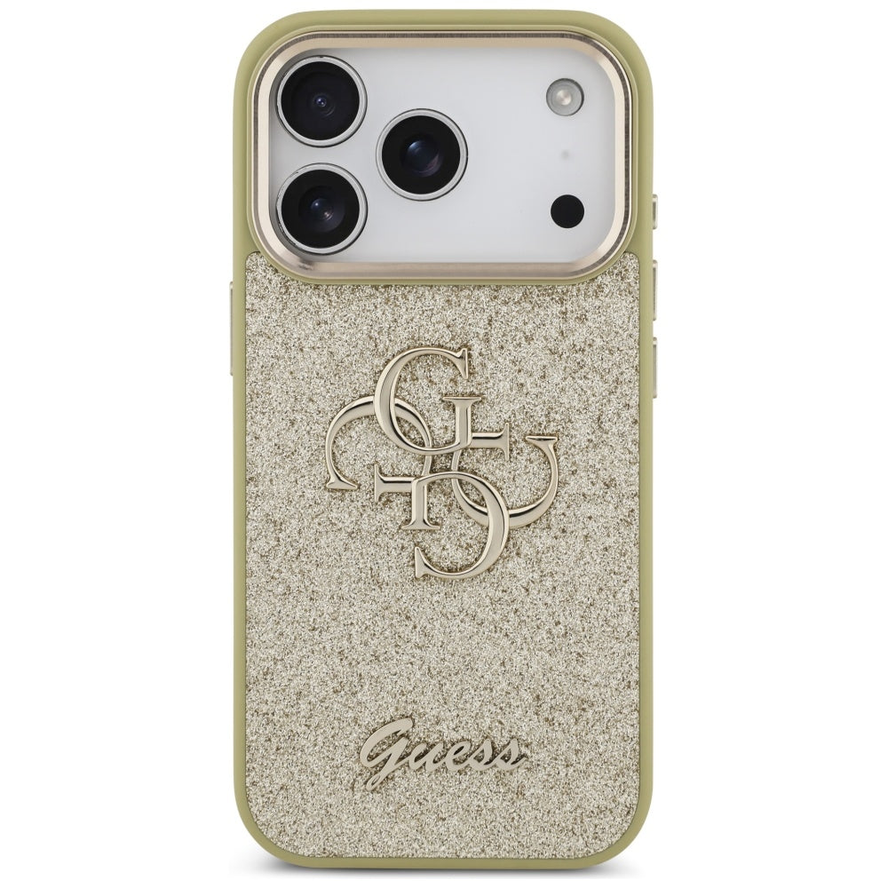 Suojakotelo Apple iPhone 17 Prolle, Guess, Fixed Glitter Big 4G Metal Frame, Kultainen