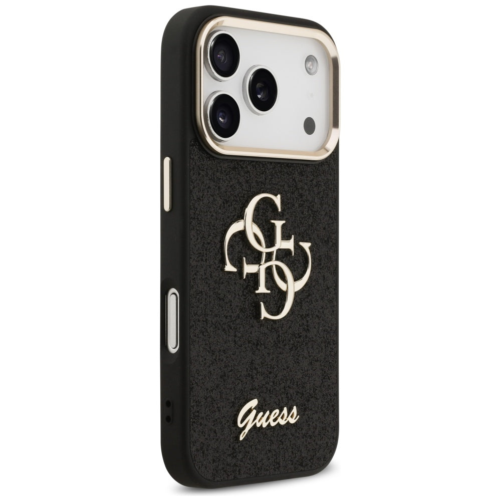 Suojakotelo Apple iPhone 17 Prolle, Guess, Fixed Glitter Big 4G Metal Frame, Musta