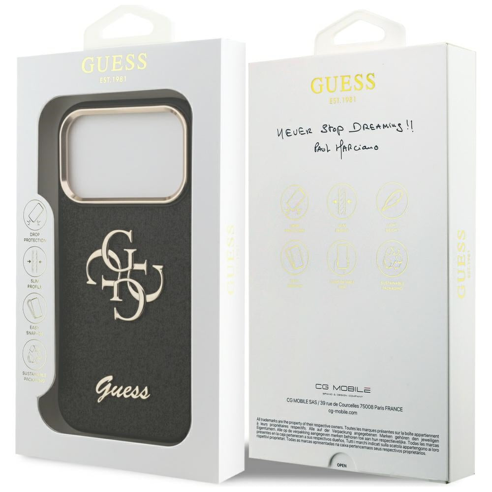 Suojakotelo Apple iPhone 17 Prolle, Guess, Fixed Glitter Big 4G Metal Frame, Musta