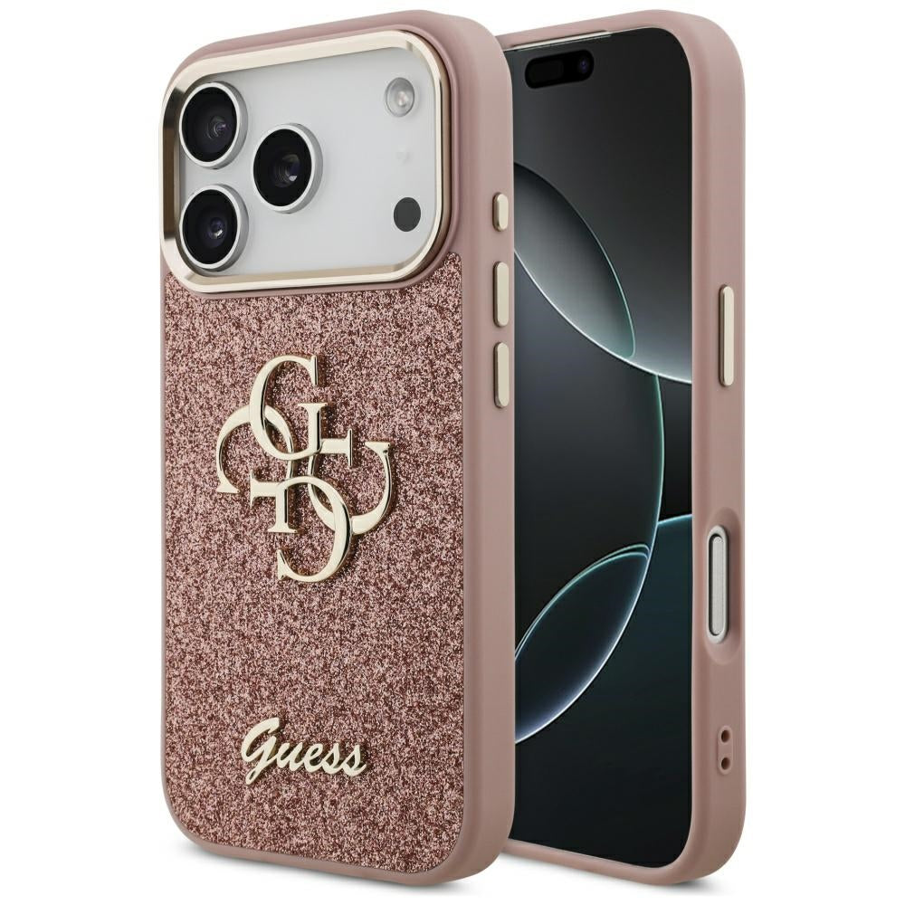 Suojakotelo Apple iPhone 17 Prolle, Guess, Fixed Glitter Big 4G Metal Frame, Pinkki