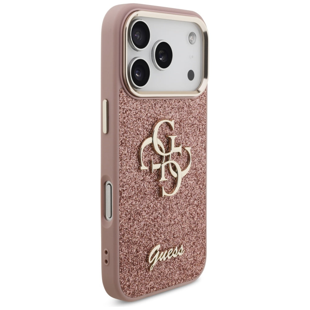 Suojakotelo Apple iPhone 17 Prolle, Guess, Fixed Glitter Big 4G Metal Frame, Pinkki