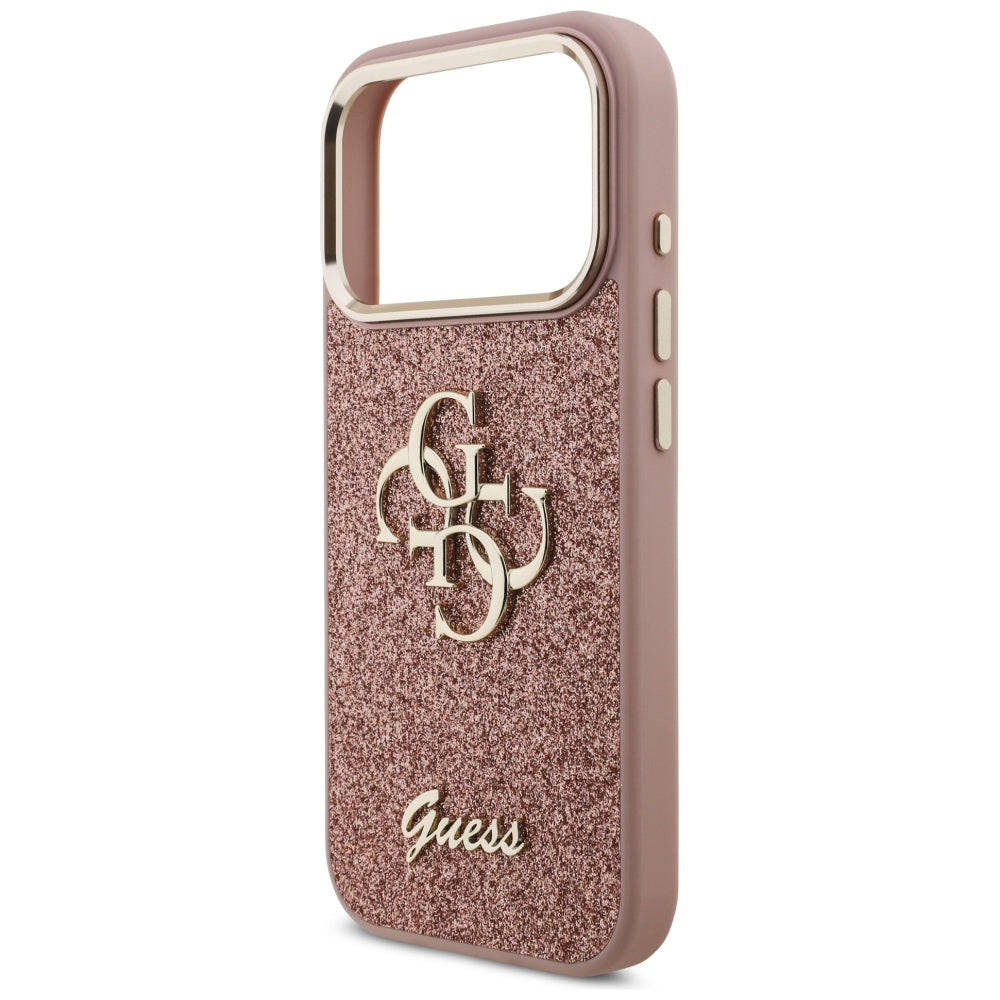 Suojakotelo Apple iPhone 17 Prolle, Guess, Fixed Glitter Big 4G Metal Frame, Pinkki