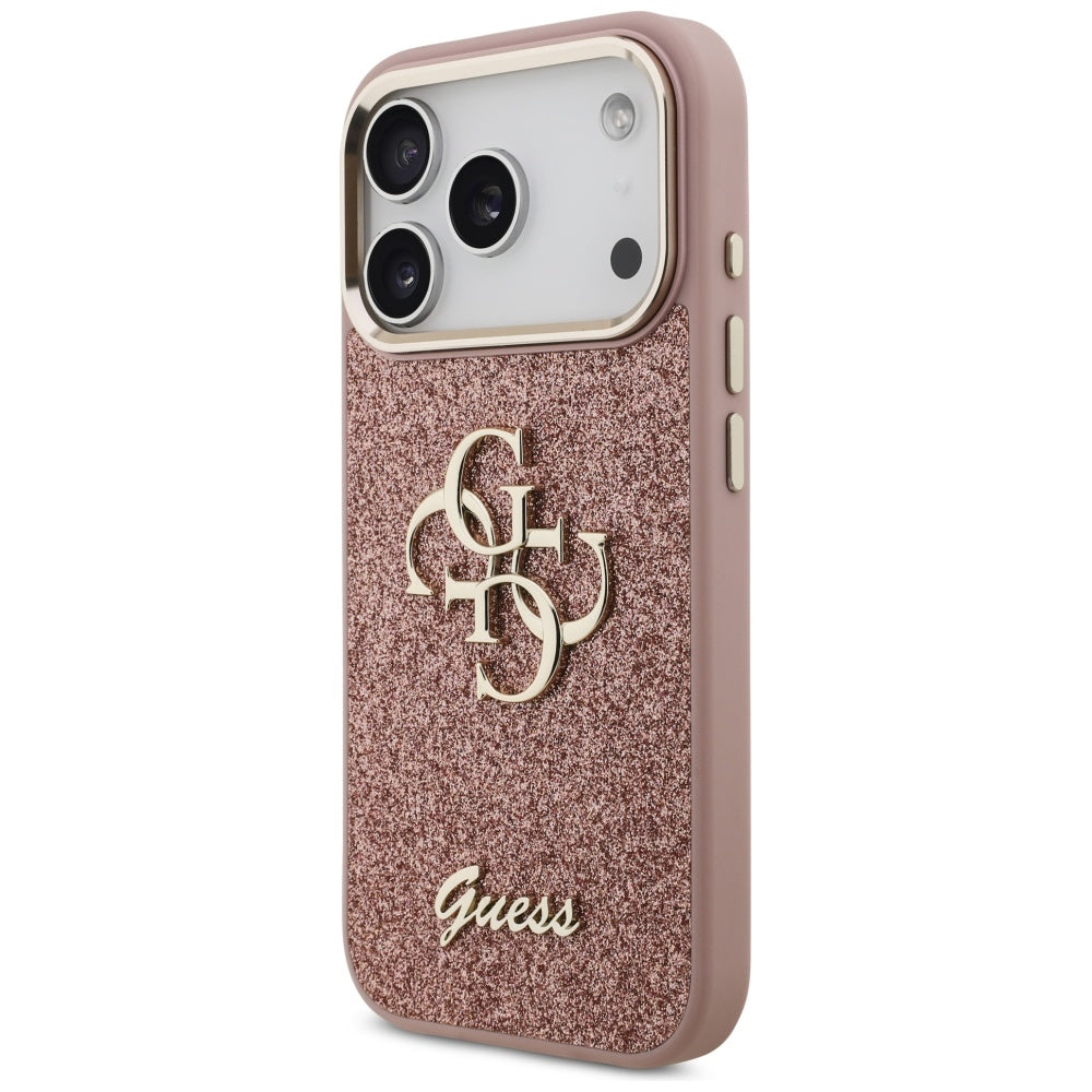 Suojakotelo Apple iPhone 17 Prolle, Guess, Fixed Glitter Big 4G Metal Frame, Pinkki