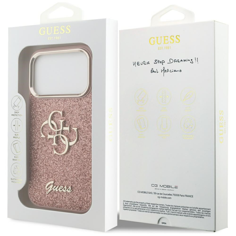 Suojakotelo Apple iPhone 17 Prolle, Guess, Fixed Glitter Big 4G Metal Frame, Pinkki