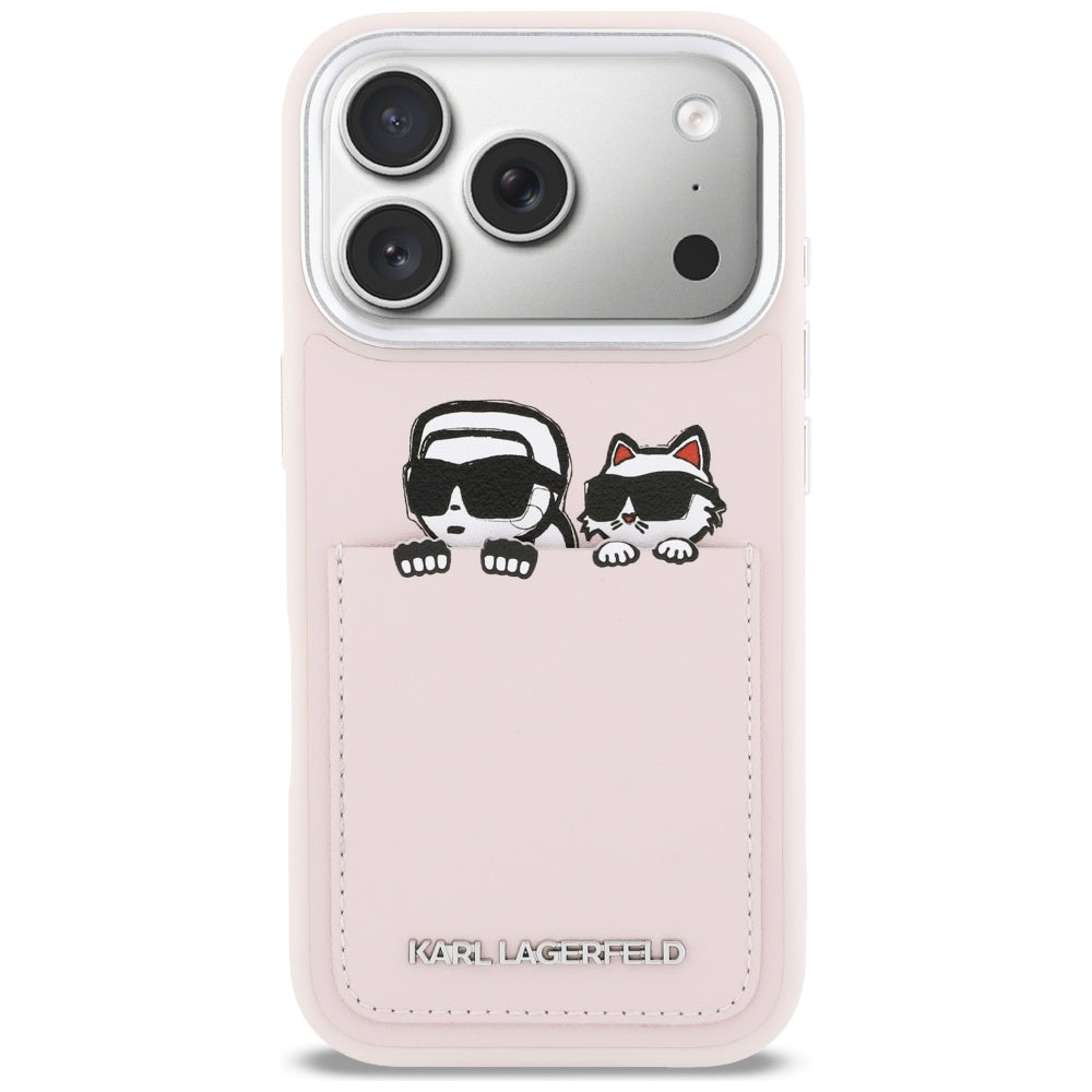 Kotelo Apple iPhone 17 Prolle, Karl Lagerfeld, Karl & Choupette -printti taskulla, Vaaleanpunainen