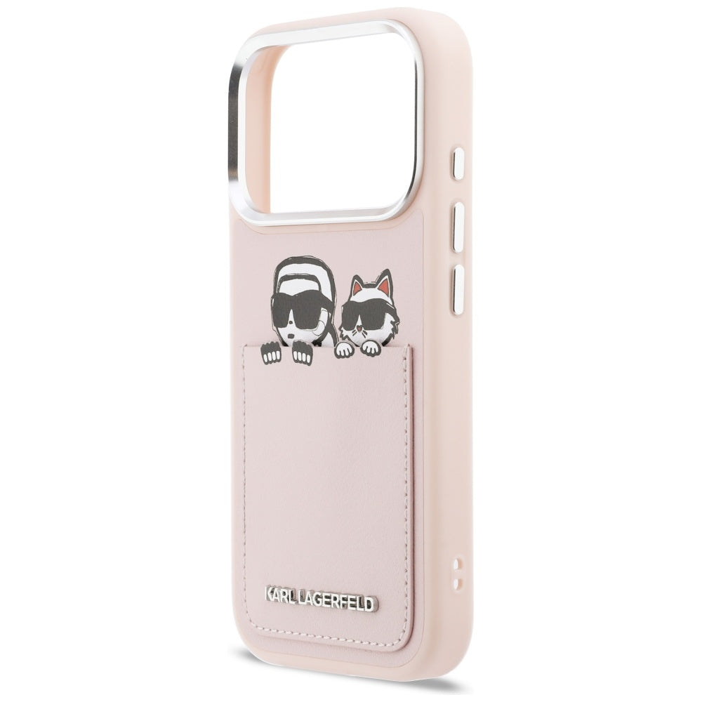 Kotelo Apple iPhone 17 Prolle, Karl Lagerfeld, Karl & Choupette -printti taskulla, Vaaleanpunainen