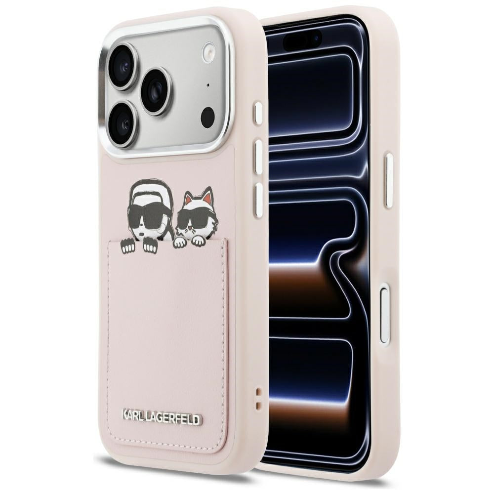 Kotelo Apple iPhone 17 Prolle, Karl Lagerfeld, Karl & Choupette -printti taskulla, Vaaleanpunainen