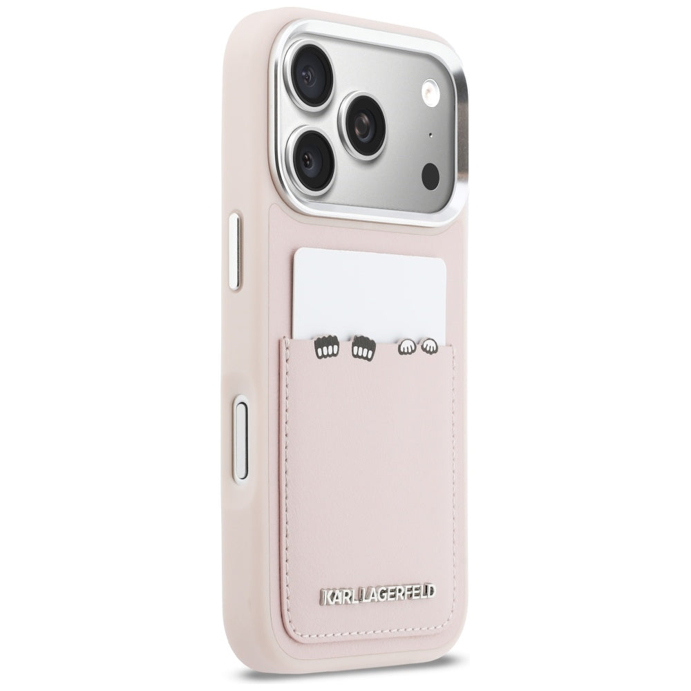 Kotelo Apple iPhone 17 Prolle, Karl Lagerfeld, Karl & Choupette -printti taskulla, Vaaleanpunainen