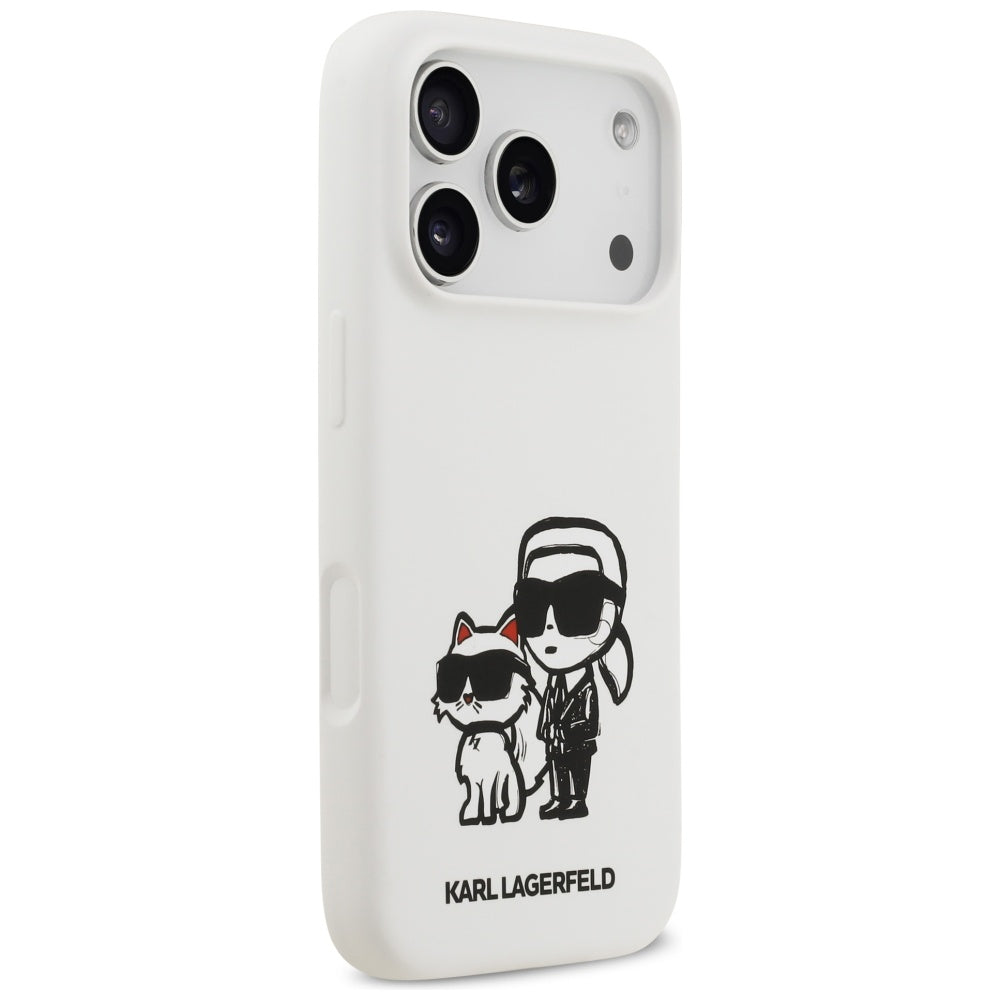Kotelo Apple iPhone 17 Prolle, Karl Lagerfeld, Sketch and Logo Karl & Choupette, Valkoinen