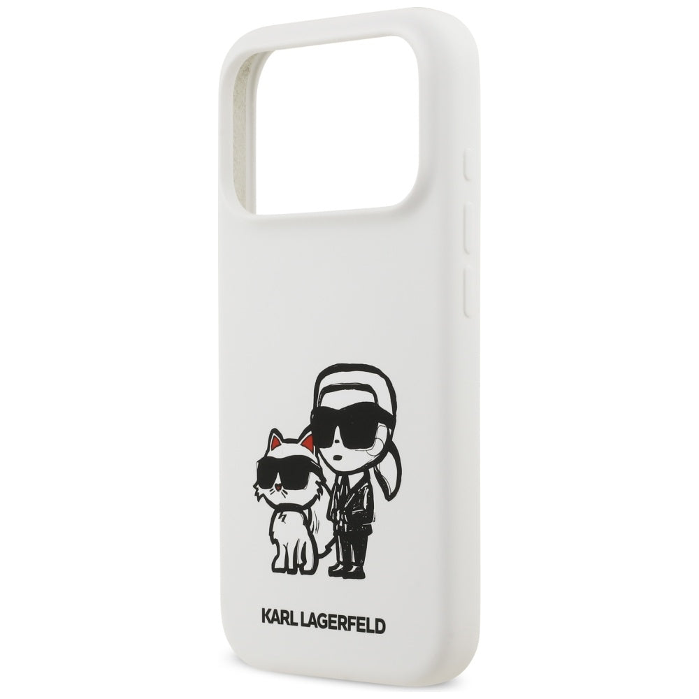 Kotelo Apple iPhone 17 Prolle, Karl Lagerfeld, Sketch and Logo Karl & Choupette, Valkoinen