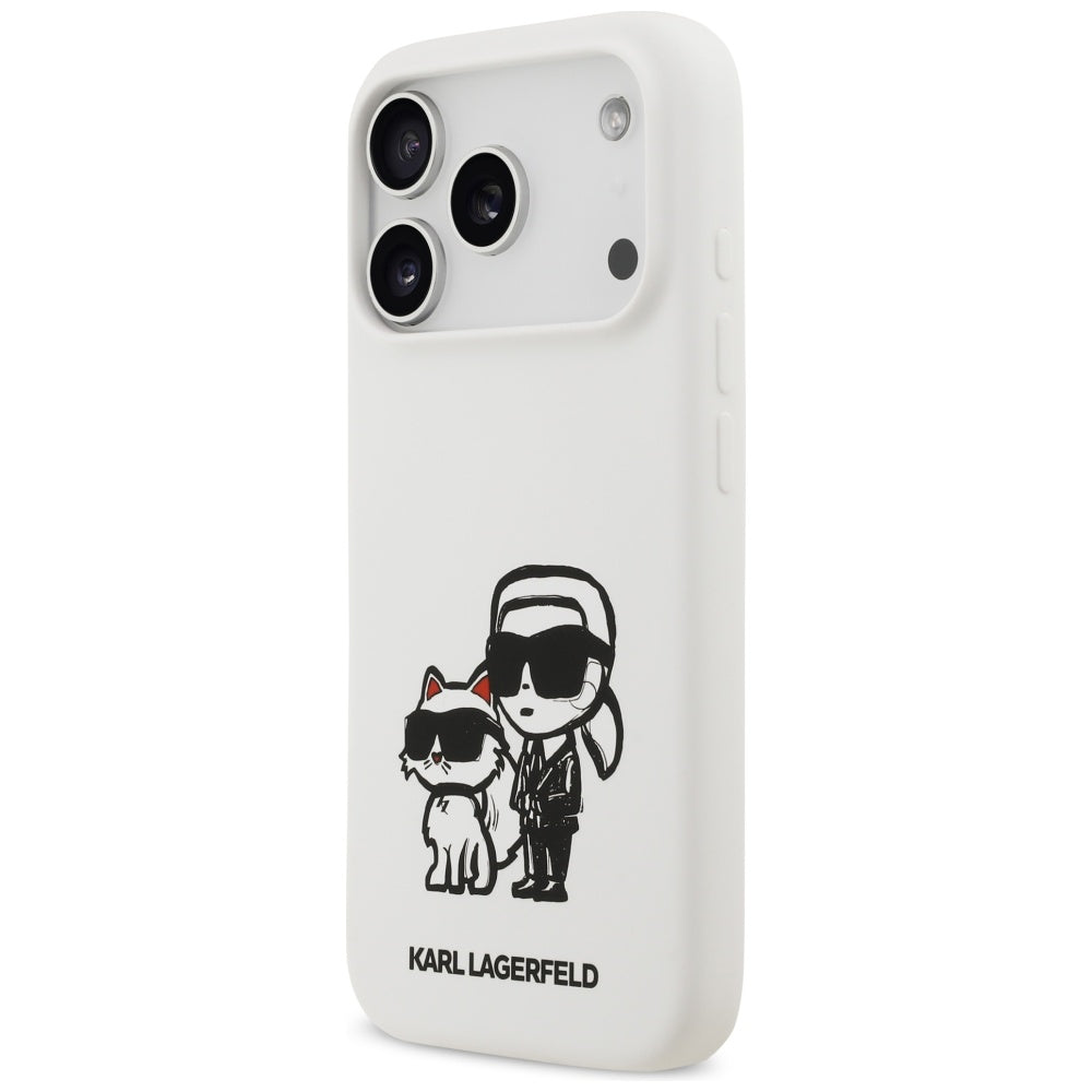 Kotelo Apple iPhone 17 Prolle, Karl Lagerfeld, Sketch and Logo Karl & Choupette, Valkoinen