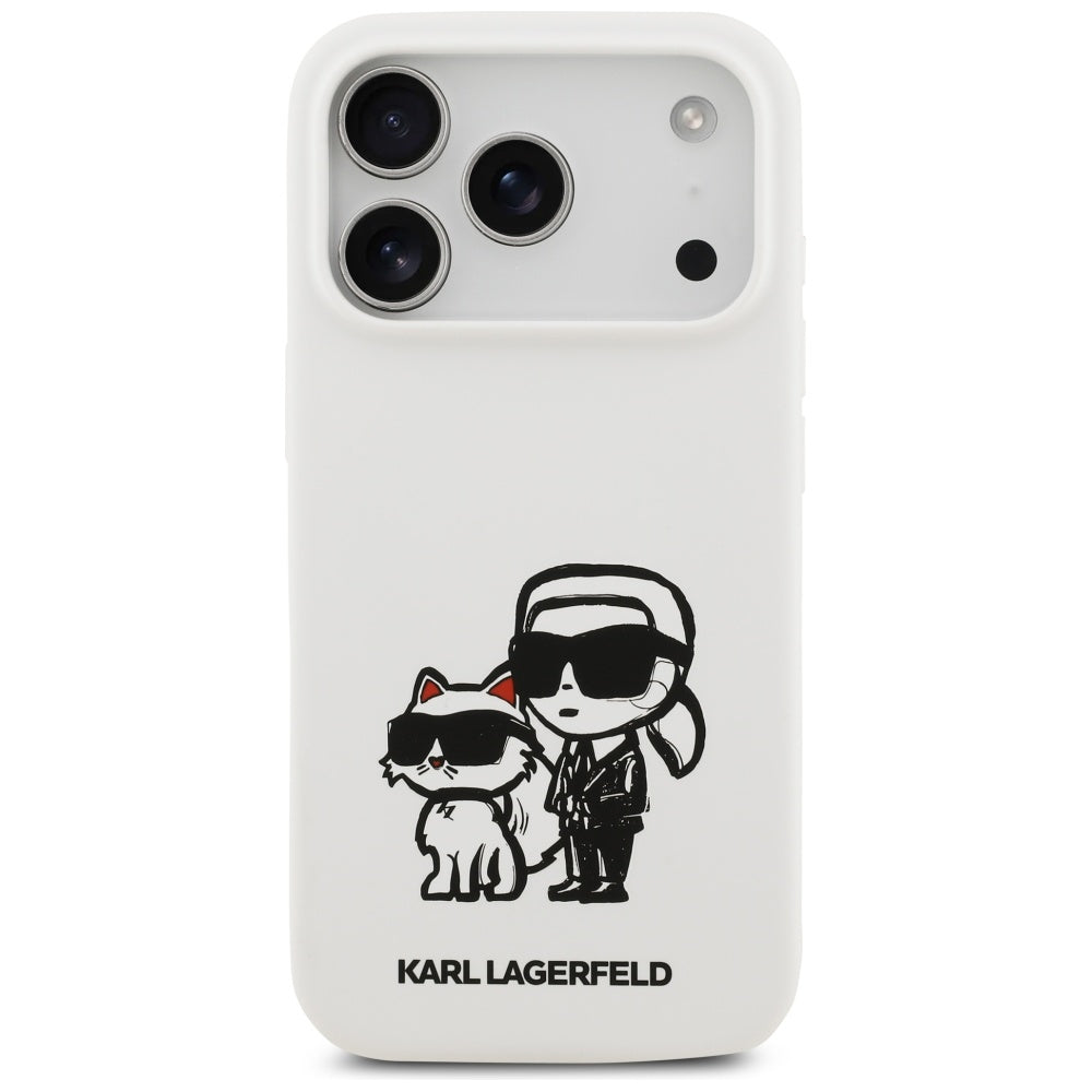 Kotelo Apple iPhone 17 Prolle, Karl Lagerfeld, Sketch and Logo Karl & Choupette, Valkoinen