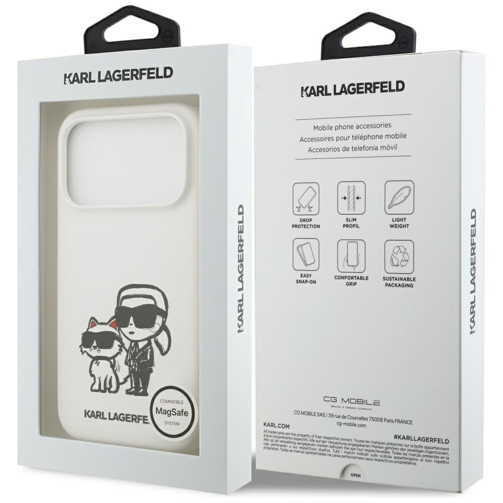 Kotelo Apple iPhone 17 Prolle, Karl Lagerfeld, Sketch and Logo Karl & Choupette, Valkoinen