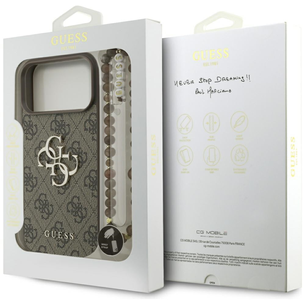 Suojakotelo Apple iPhone 17 Pro Maxille, Guess, 4G Classic Logo with Pearl Strap, Ruskea
