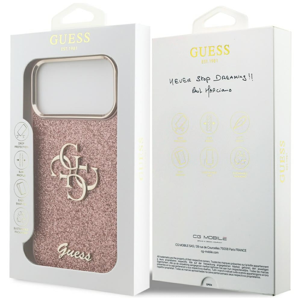 Suojakotelo Apple iPhone 17 Pro Max, Guess, Fixed Glitter Big 4G Metal Frame, Pinkki