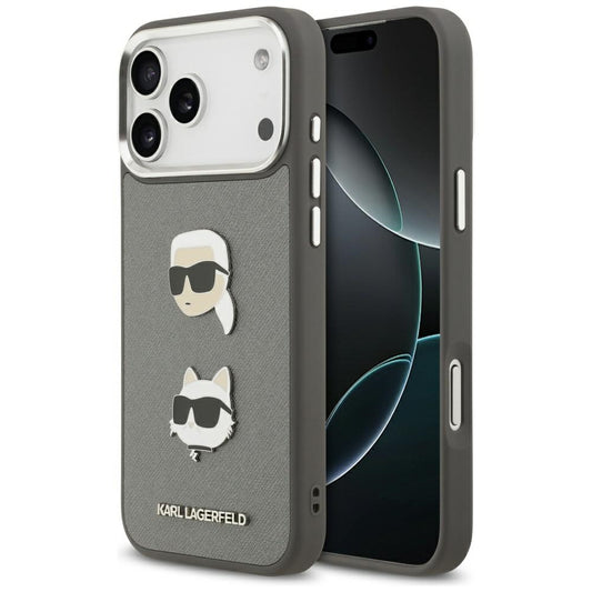 Kotelo Apple iPhone 17 Pro Max:lle, Karl Lagerfeld, Grained Karl & Choupette's Heads Pins and Logo, Harmaa
