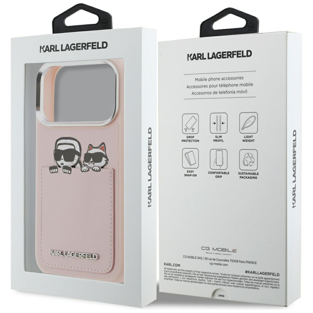 Kotelo Apple iPhone 17 Pro Maxille, Karl Lagerfeld, Karl & Choupette -printti taskulla, Pinkki