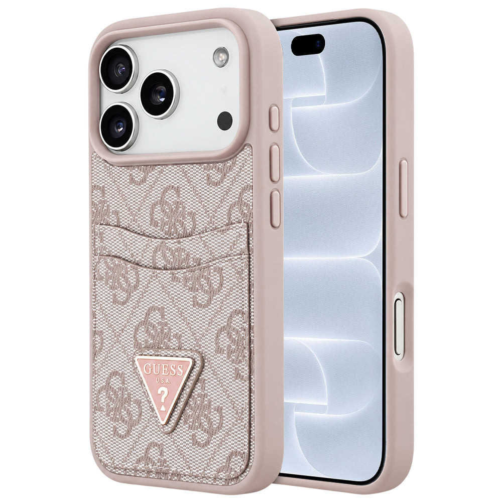 Suojakuori Apple iPhone 18 Pro / 17 Pro -puhelimelle, Guess 4G Double Card Triangle, vaaleanpunainen