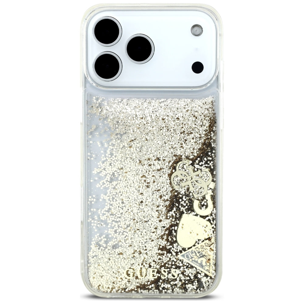 Suojakuori Apple iPhone 18 Pro / 17 Pro -puhelimelle, Guess Liquid Glitter Charms, kultainen