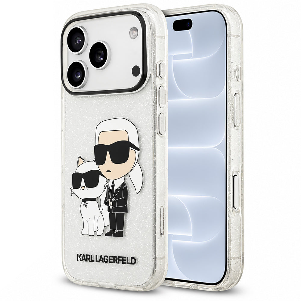 Suojakuori Apple iPhone 18 Pro / 17 Pro -puhelimelle, Karl Lagerfeld, IML Glitter Karl and Choupette NFT, läpinäkyvä