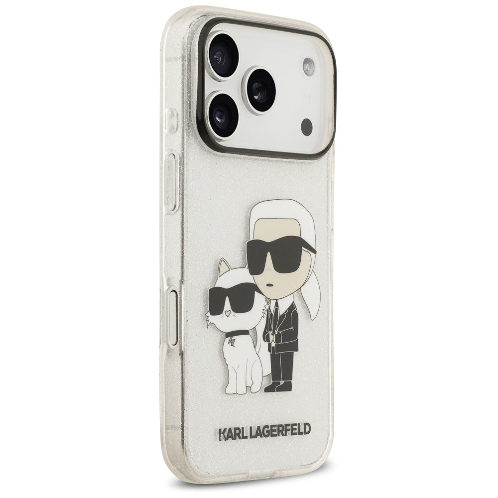 Suojakuori Apple iPhone 18 Pro / 17 Pro -puhelimelle, Karl Lagerfeld, IML Glitter Karl and Choupette NFT, läpinäkyvä