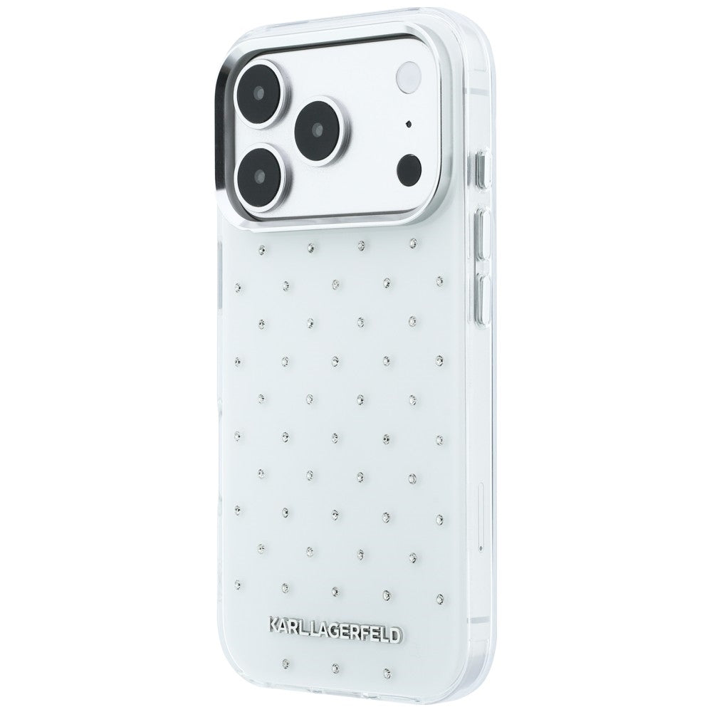 Kuori Apple iPhone 18 Pro / 17 Pro:lle, Karl Lagerfeld, IML strassit ja elektrolyyttinen logo, valkoinen