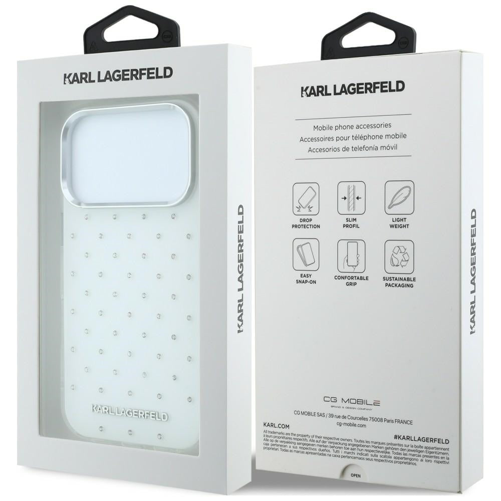 Kuori Apple iPhone 18 Pro / 17 Pro:lle, Karl Lagerfeld, IML strassit ja elektrolyyttinen logo, valkoinen