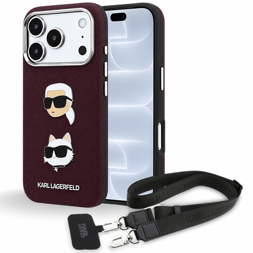 Suojakuori Apple iPhone 18 Pro / 17 Pro -puhelimelle, Karl Lagerfeld, Saffiano Crossbody Karl & Choupette Head's Pins -logo, viininpunainen